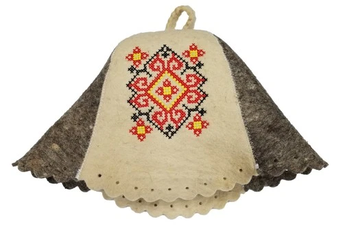 Wool Sauna Hat Embroidered Ukrainian ornament Red