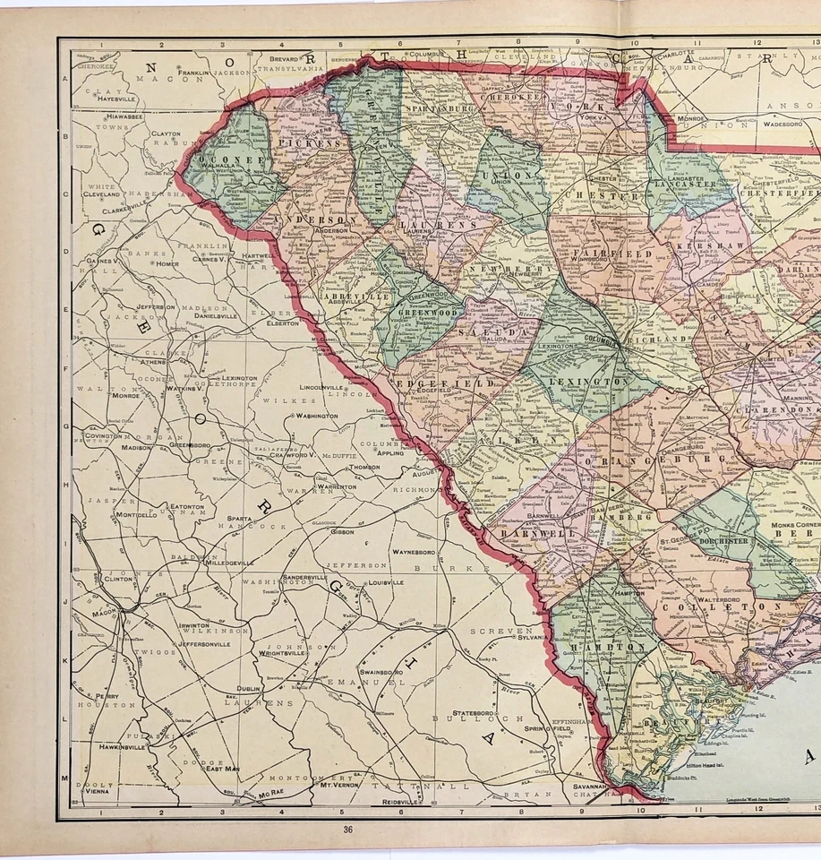CAROLINA DEL SUR 1907 - Mapa ORIGINAL GRANDES (20X13) FERROCARRILES CONDADOS MUNICIPIOS Foto 3 de 4