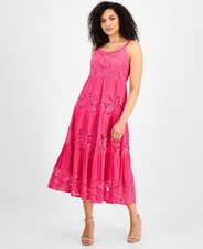 Robbie Bee Lace-Trim Maxi Dress Women's L Hot Pink Solid Scoop Neck Pullover
