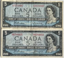 Bank of Canada 1954 $5 FIVE DOLLARS Beatties Rasminsky Coyne banknotes J/S M/C