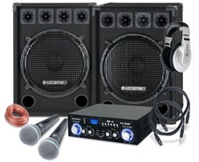 Set Coppia Casse Amplificate Impianto Karaoke Bluetooth Mp3 USB Microfoni 1600W