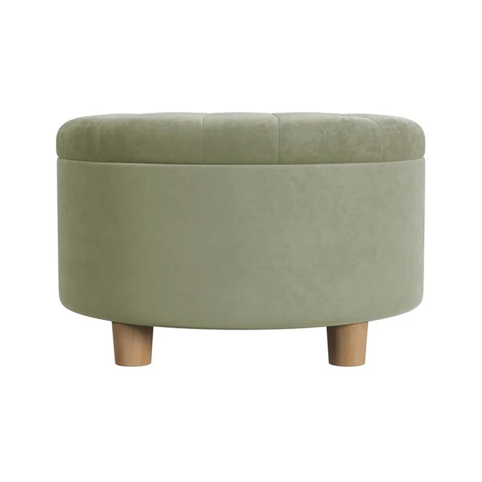 HomePop 17" Transitional Round Fabric Storage Ottoman in Light Sage Green - Image 3 of 4
