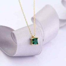 2CT Princess Cut Emerald Solitaire Women Pendant Necklace 14K Yellow Gold Plated