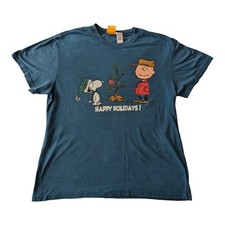 Peanuts Adult L Blue T Shirt Snoopy Charlie Brown Xmas Tree Happy Holidays