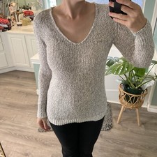 LOFT Womens Sweater XS Grey Pullover Marled V-Neck Knit Cotton Cozy