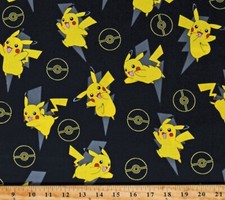 Cotton Pikachu Lightning Pokemon Video Games Fabric Print by the Yard D187.30