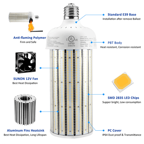60W 8200LM Replace 250W HPS HID Metal Halide LED Corn Light Bulbs E39 Base 6000K - Picture 9 of 12