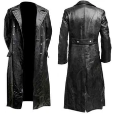 Men's WW2 German Military Officer Leather Trench Coat Black Classic Uniform