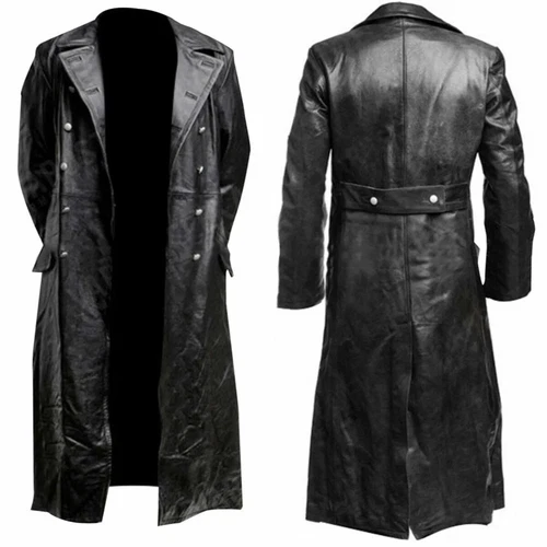 MEN'S GERMAN CLASSIC WW2 MILITARY UNIFORM OFFICER BLACK LEATHER TRENCH COAT - Picture 2 of 14