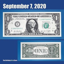 September 7, 2020 Birthday Anniversary $1 One Dollar Bill Serial Number 09072020