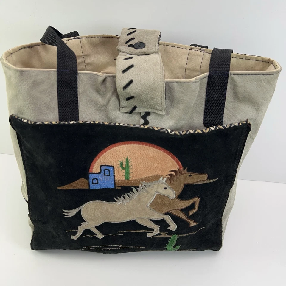 绒面皮托特包拼布马手工缝制帆布波西米亚单肩包沙漠西南 — 第 3/4 张图片