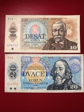 Czechoslovakia banknotes 1986-1988 10 Korun P-94, 20 Korun P-95. Circulated.