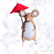 Needle Felt Mouse With Red Umbrella-Whimsical Wool Figure