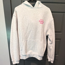 White Fox Comfort Club Gray Hoodie Pink Logo S/M Pockets Relaxed Fleece Blend