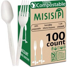 MISISIPI [7.1In 100Pcs] 100% Compostable Forks and Spoons 7In, Ivory White