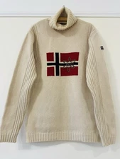 Napapijri High Neck Sweater 100% Wool Beige Pullover Norwegian Flag Pattern L