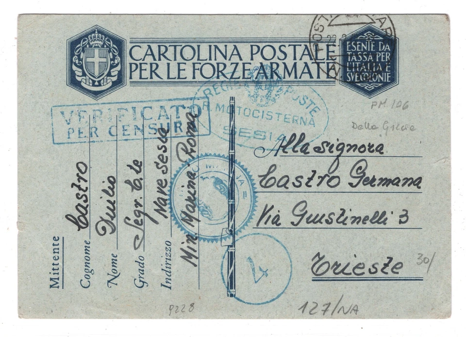 ITALY NAVAL Greece WW2 Card SHIP *MOTOCISTERNA SESIA* 1942 Censor Trieste XD139 - Image 2 of 4
