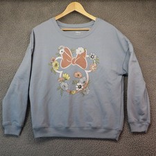Women Medium Disney Minnie Mouse Flowers Light Blue Pullover Sweatshirt