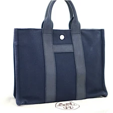 Super Used Hermes Handbag Sac Arne Pm Canvas Leather Unisex Navy