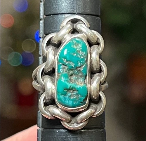 Vintage Native American Signed Turquoise Chain Link Solid Sterling Silver Ring