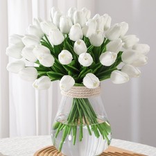24 PCS White Artificial Tulips PU Faux Flowers Real Touch Fake Wedding Decor