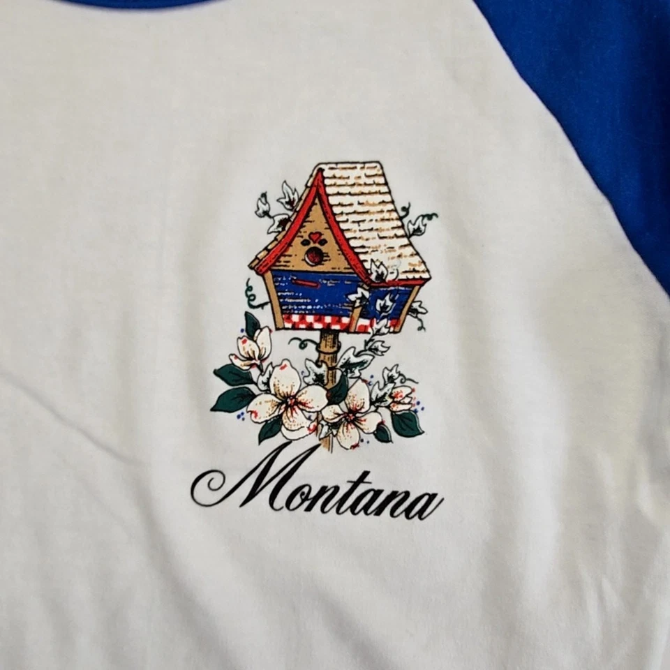 复古 Montana Raglan 衬衫女式小号鸟屋图案蓝色白色 T 恤 — 第 2/4 张图片