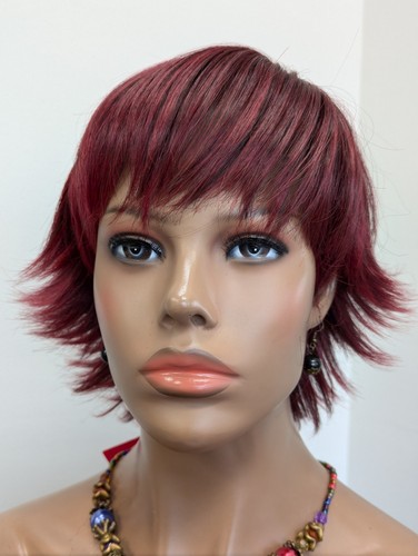 Short Layer Flip Synthetic Wig Color Burgundy/Black Highlights 1BT39 With Bangs - Picture 9 of 11