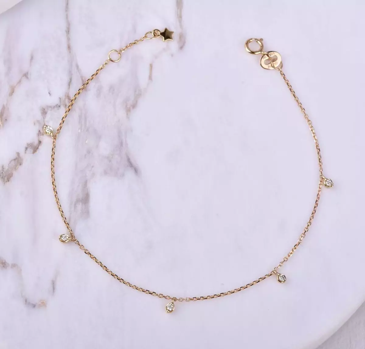 18K Solid Gold 5 Real Diamond Dainty Bracelet 0.05ctw Charm