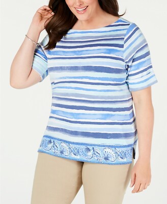 /LX064/ Karen Scott Plus Cotton Blend Knit T-Shirt Top Blue Multi Sz 0X