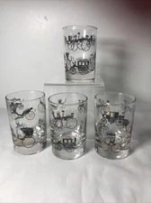 4 Vintage Libbey Black And Gold Horseless Carriage 1950's 4oz  Juice Glasses