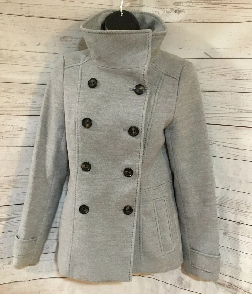 Chaqueta Abrigo H&M Mujer Gris Doble Pecho Cuello Alto Talla 4 Foto 4 de 4