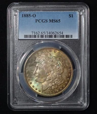 PCGS MS65 1885-O Morgan Silver Dollar $1 - Emerald green toning!