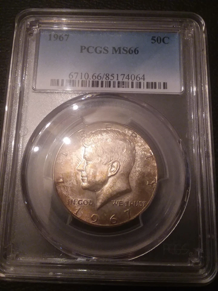 1967 PCGS MS 66 BUSINESS STRIKE KENNEDY HALF ** SUPERB RAINBOW TONED OBVERSE ** - Image 3 of 4