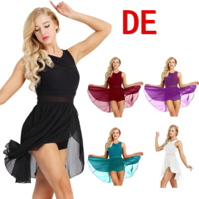 DE Damen Ballettkleid Tanzkleid mit Asymmetrisch Chiffon Wickelrock Tüllkleid