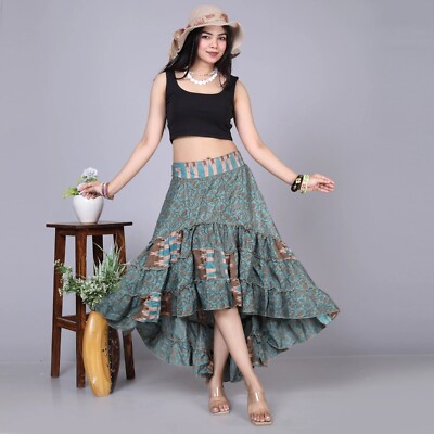 High Low Skirt Maxi Boho Gypsy Ruffle Skirt Recycle Silk Sari Skirt - Main Image