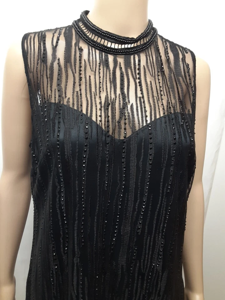 Elie Tahari Black Mirage Beaded Mesh Sleeveless High Neck Shift Dress Size 6 - Image 4 of 4