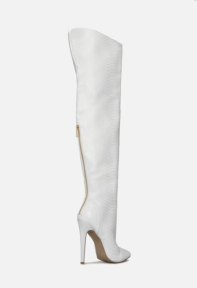 8 White Croc Thigh High Boots Pointed Toe Faux Leather Stiletto Heels Stylish - Image 4 of 4