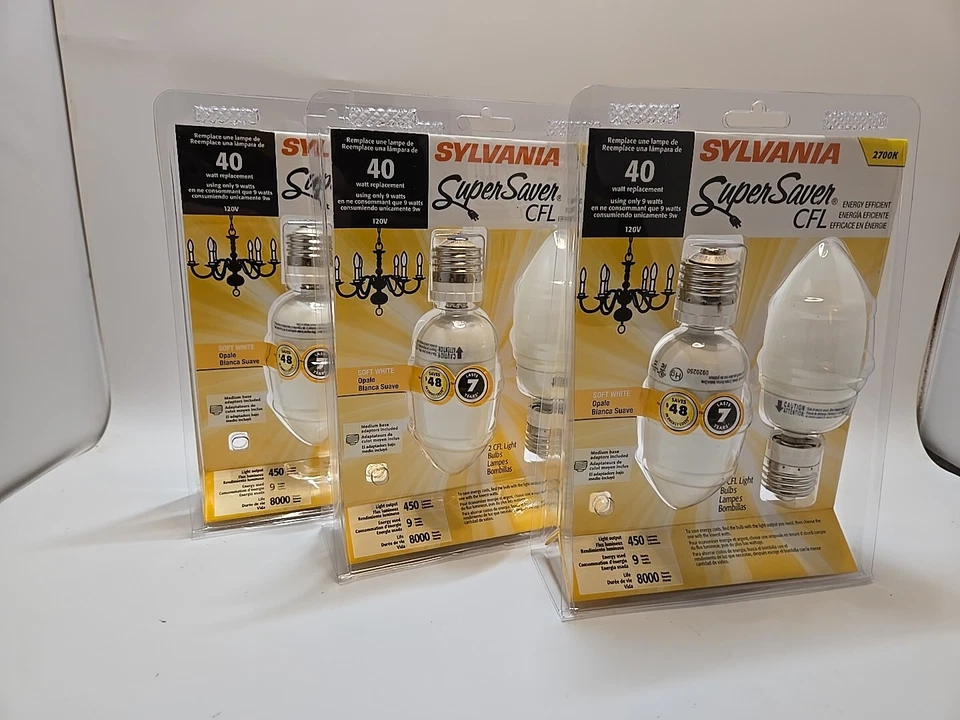 Sylvania Super Saver CFL Energy Effi 40W Soft White Medium Base Adapters New 3 - Image 4 of 4