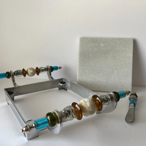 Mid Century Modern 2pc Glass, Metal, Stone & Mineral Cheese, Fruits, Meats HEAVY - Picture 8 of 8