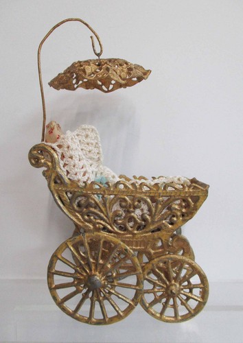 Vintage kleines Puppenzubehör vergoldet Weichmetall Buggy oder Kinderwagen Germany 20er Jahre - Bild 1 von 10