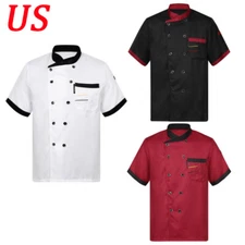 Men Chef Coat Shirt Shortsleeve Jackets Restauran Kitchen Cooking Uniform