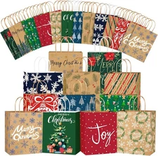 24PCS Christmas Gift Bags，Christmas Kraft Paper Reusable Small Gift Bags Bulk wi