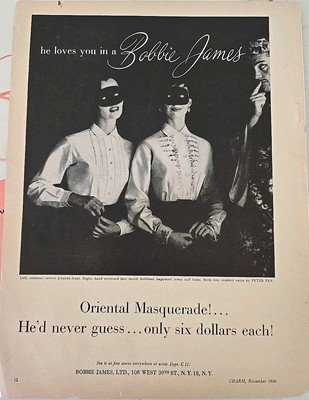 1956 Bobby James women's Satin blouses oriental masquerade masks vintage ad