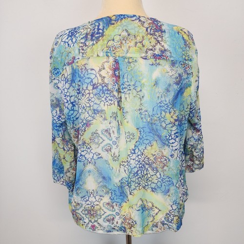 Southern Lady Floral Asymmetric Cardigan Blue Lightweight Chiffon Sheer Size PM - Picture 2 of 13