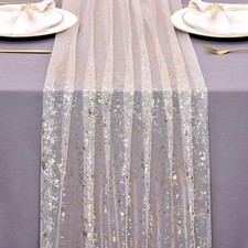 10FT Gold Gauze Table Runner Sheer Glitter Metallic Foil Tulle Table Runner 1...