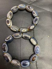 Pair Excellent Tibetan Light Blue Natural *Sky Eyed* Agate Dzi Beads Bracelets