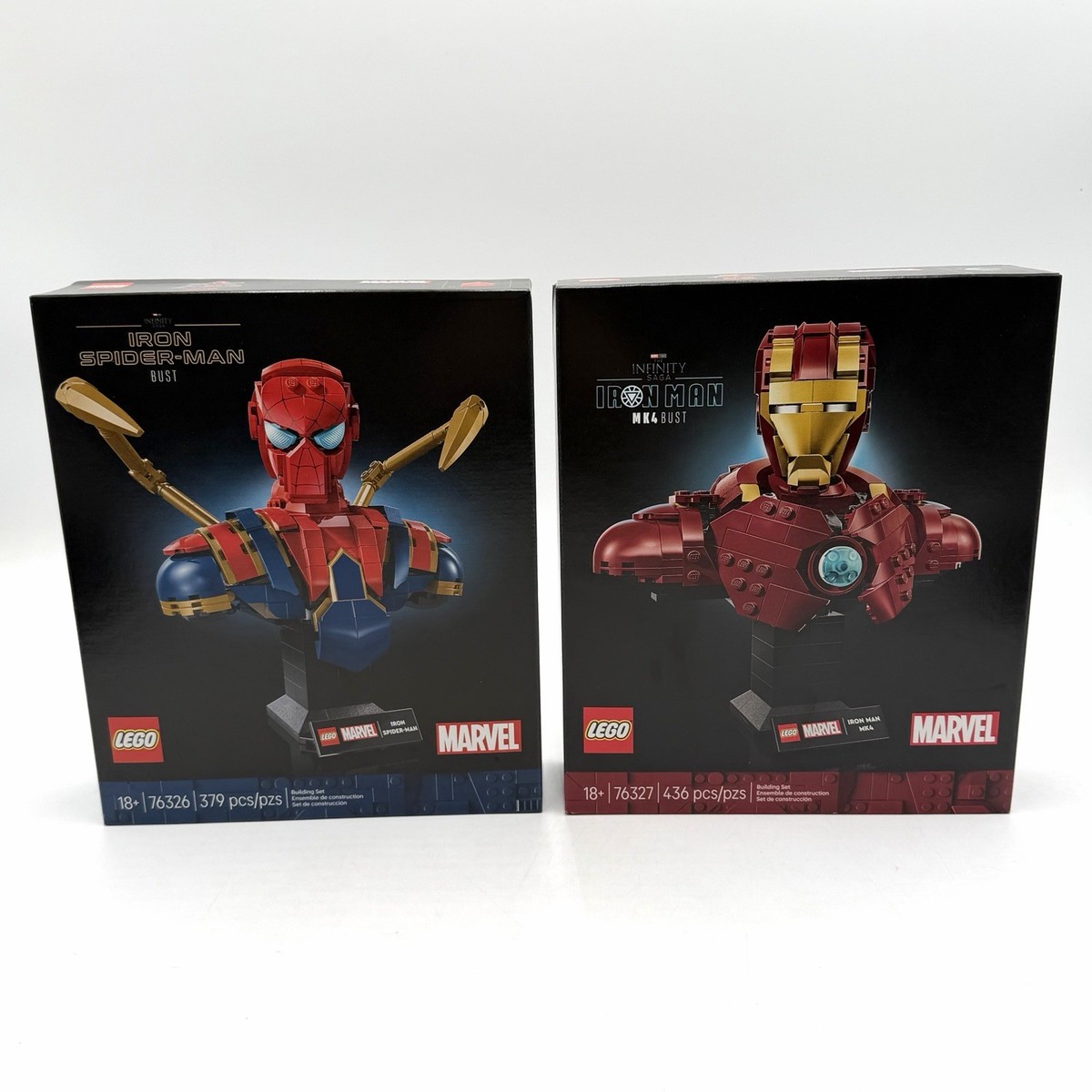 LEGO Marvel 76327 & 76326 Iron Man MK4 Bust & Iron Spider-Man Bust