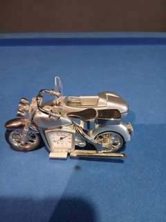 Novelty Miniture Quarts Clock Motorbike And Side Car .Silver Metal.