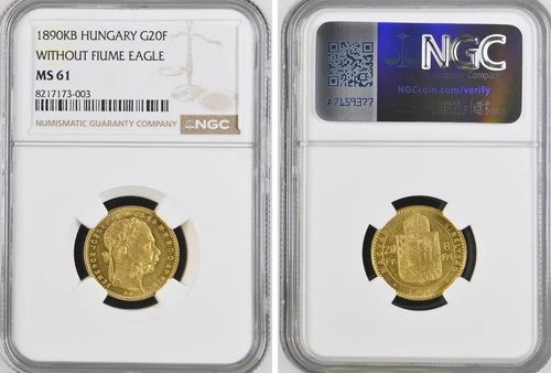 HUNGARY , FRANZ JOSEPH I GOLD 8 FORINT  20 FRANCS 1890 KB - NGC MS 61 , RARE5