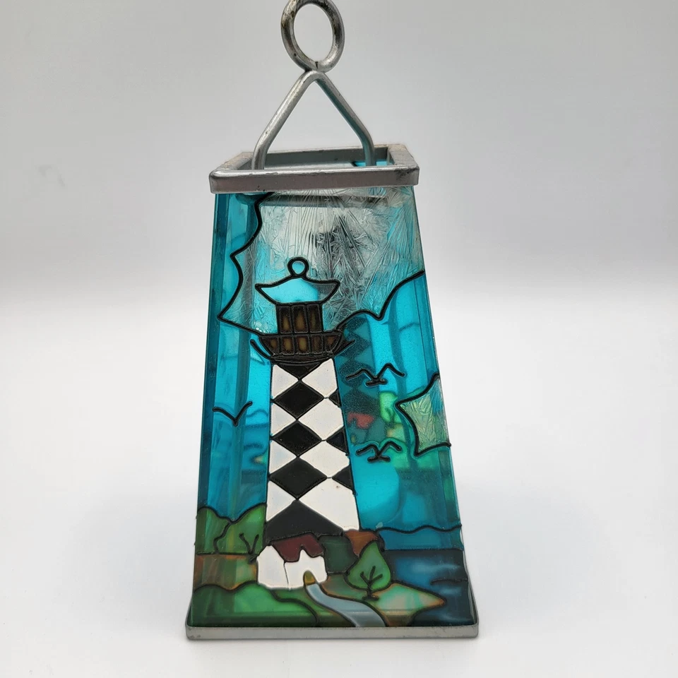 Candelabro de vidrio pintado con luz de té faro náutico lado del mar decoración de playa Foto 2 de 4